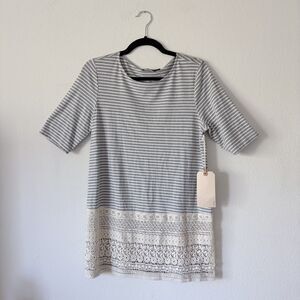 NWT Sunday In Brooklyn Anthropologie Gray & White Striped Embroidered Lace Top S